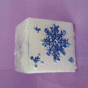 White Unscented Pillar Candle with Blue Glitter Snowflakes